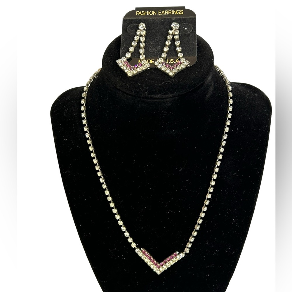 44. Vintage Clear & Purple Rhinestone Necklace & Pierced Earrings SilverTone 16”